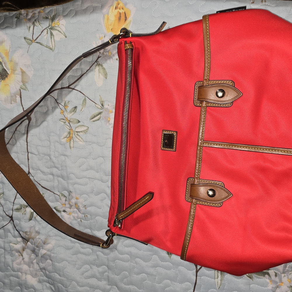 Dooney & Bourke Red Shoulder Bag with Brown Trim